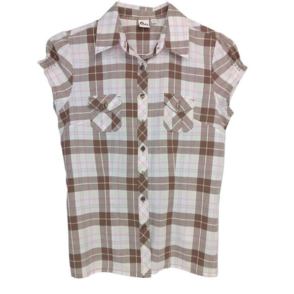 SO Tops - SO Women's Plaid Short Sleeve-Button down Shirt- MEDIUM -Brown-White-Pink